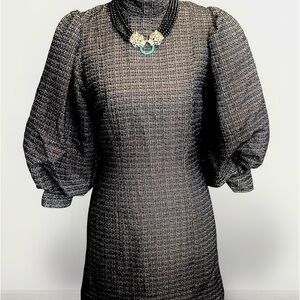 NWT Ganni Black Tweed Puff Sleeve Structured Dress Size 4